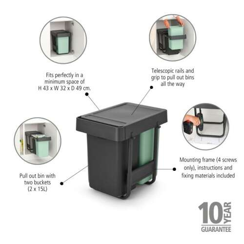 Kosz szafkowy do zabudowy 2x15l Sort&Go BRABANTIA